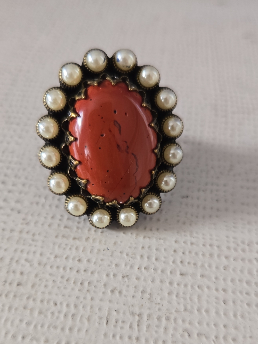 Red Stone and Pearl Halo Adjustable Statement Ring